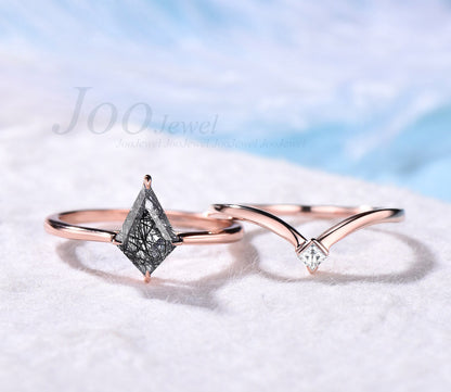 Vintage unique kite cut black rutilated quartz engagement ring set 14k rose gold dainty princess cut moissanite wedding ring set for women