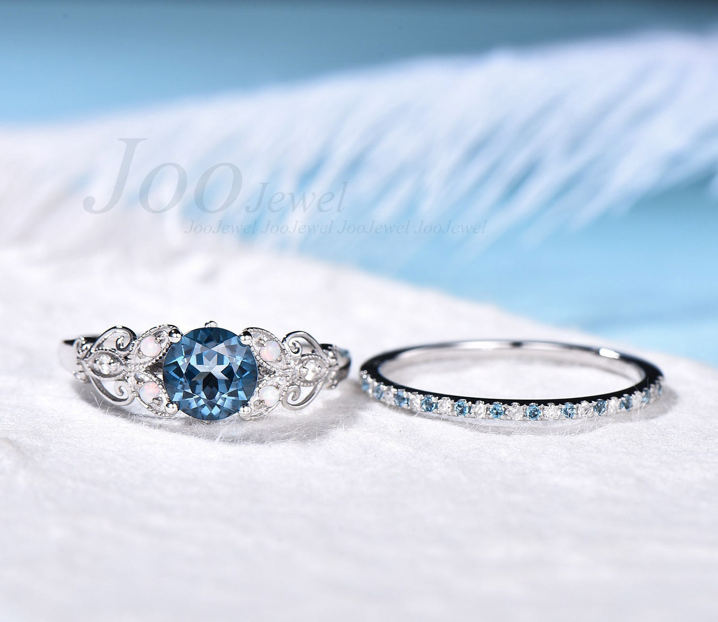 London Blue Topaz Engagement Ring 6.5mm Round Shaped Topaz Butterfly Flower Wedding Ring Set November Birthstone Opal Promise Ring Rose Gold