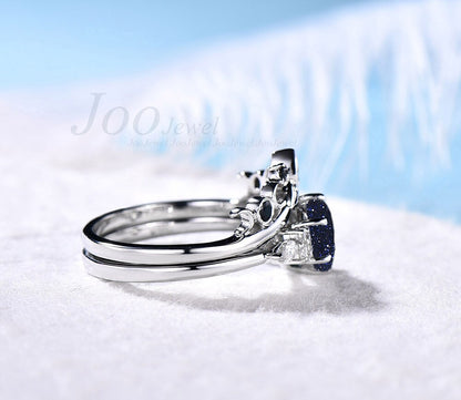 Hexagon Blue Sandstone Engagement Ring Set For Women Vintage Black Diamond  Promise Ring Art Deco Rose Gold Silver Moissanites Wedding Ring