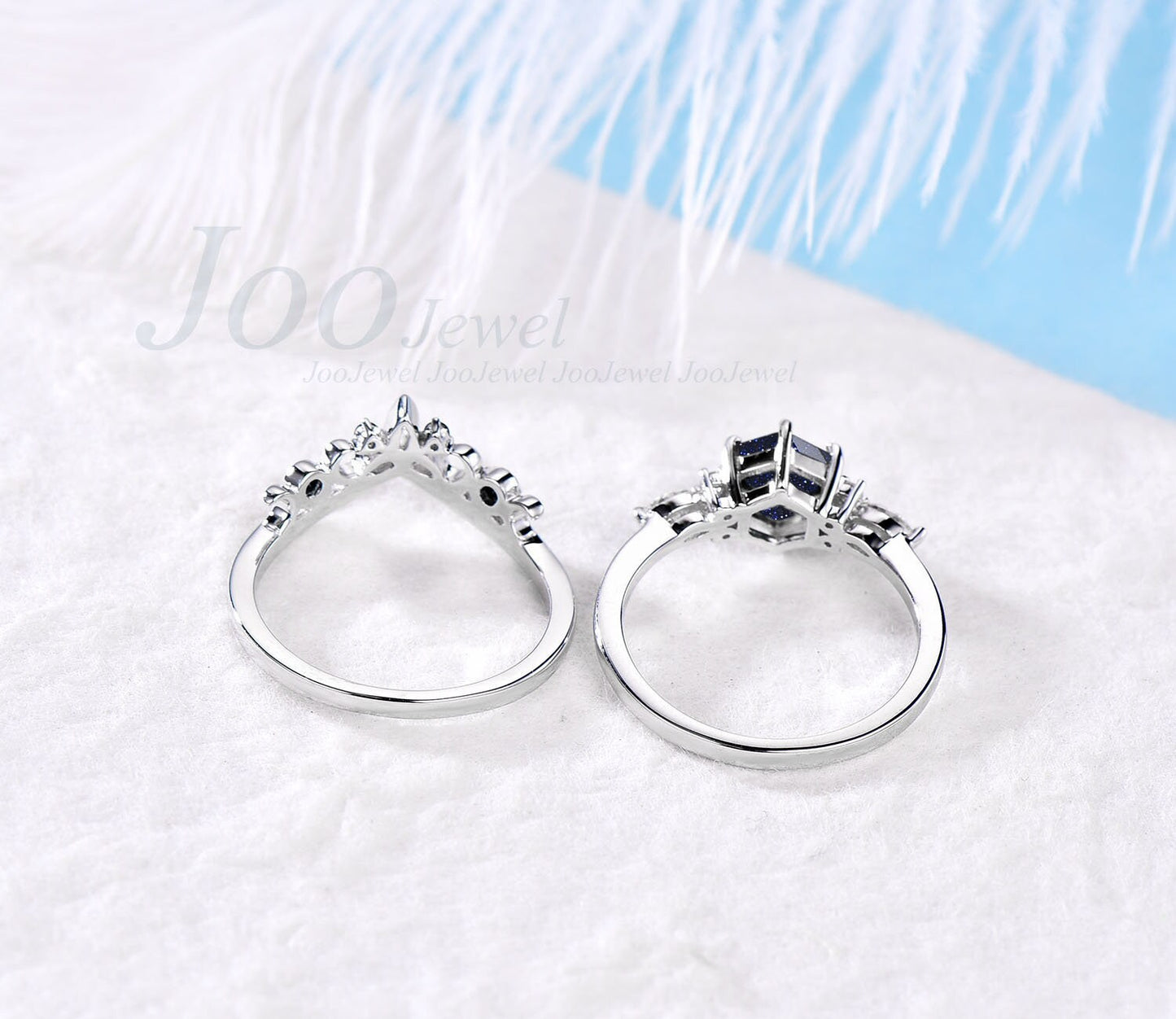 Hexagon Blue Sandstone Engagement Ring Set For Women Vintage Black Diamond  Promise Ring Art Deco Rose Gold Silver Moissanites Wedding Ring