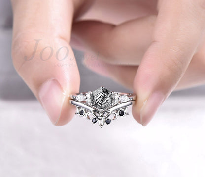 Hexagon Black Rutilated Quartz Engagement Ring Set  For Women Art Deco White Gold Silver Moissanite Wedding Ring Vintage Black Diamond Ring