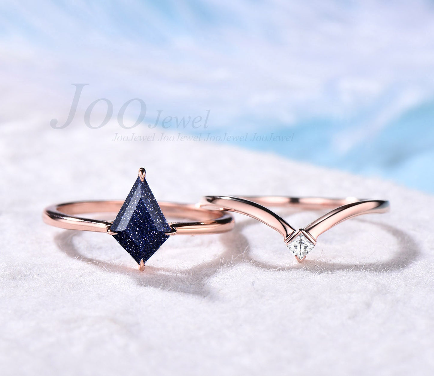 Galaxy Kite Cut Blue Sandstone Wedding Ring Set  Art Deco Star Blue Stone Engagement Ring Ret For Women Rose Gold Moissanite Stacking Band