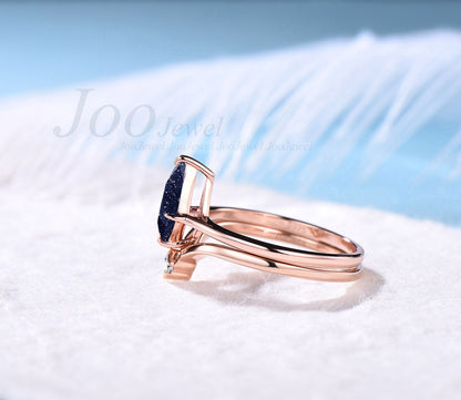Galaxy Kite Cut Blue Sandstone Wedding Ring Set  Art Deco Star Blue Stone Engagement Ring Ret For Women Rose Gold Moissanite Stacking Band