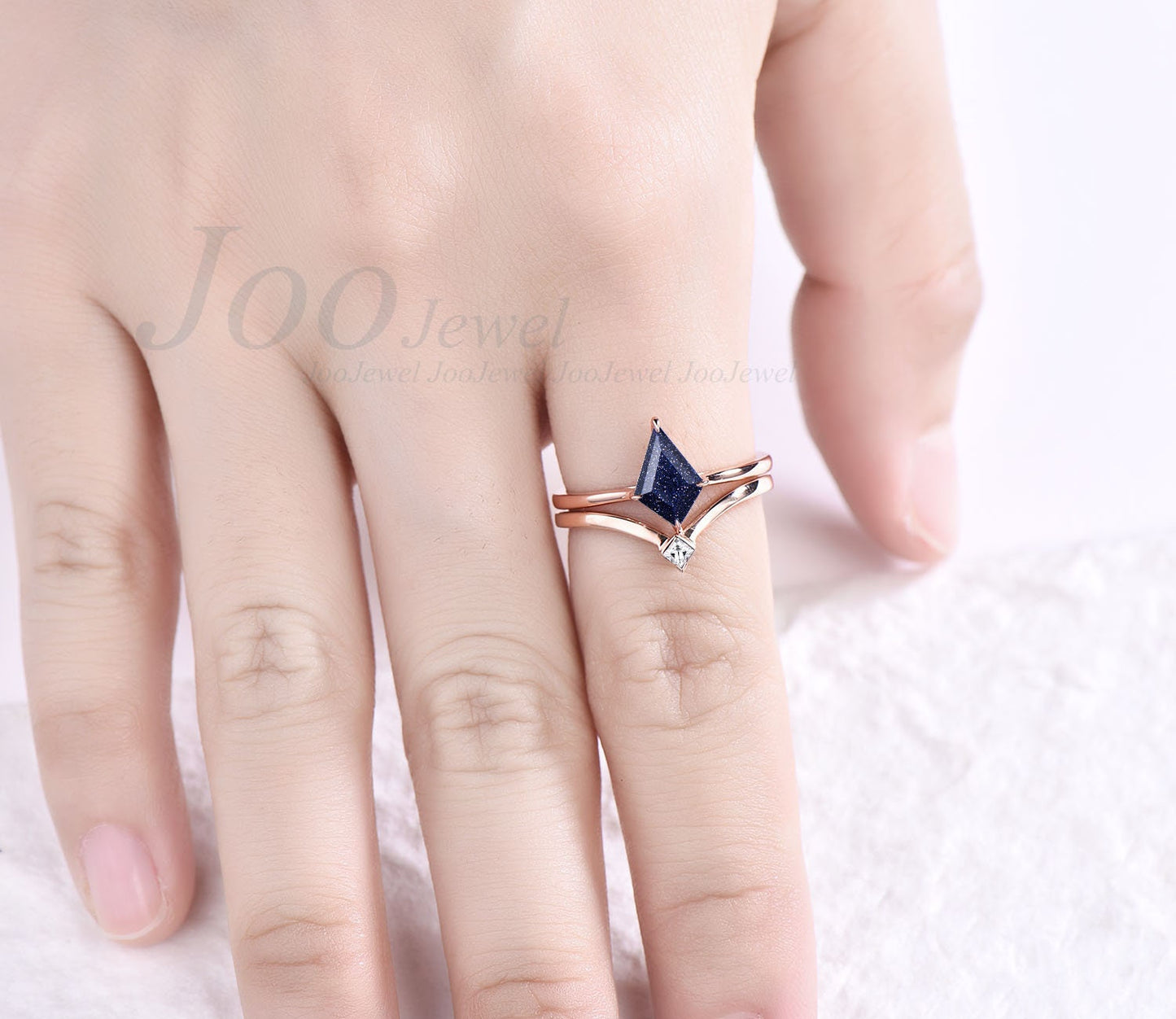 Galaxy Kite Cut Blue Sandstone Wedding Ring Set  Art Deco Star Blue Stone Engagement Ring Ret For Women Rose Gold Moissanite Stacking Band