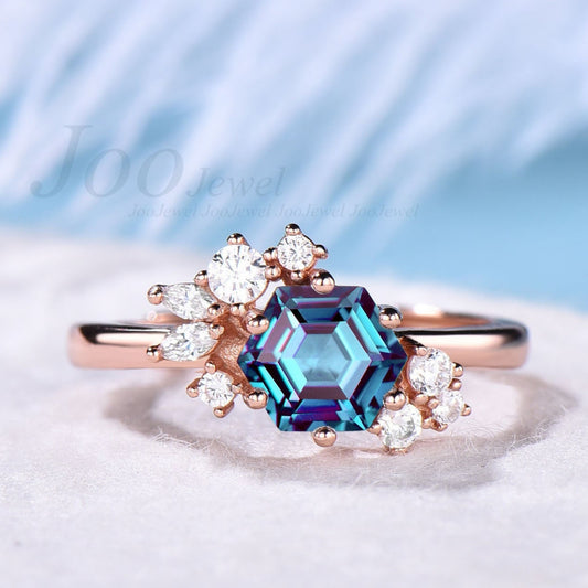 Hexagon Cut Alexandrite Ring Vintage Flower Cluster Moissanite Ring Rose Gold Engagement Ring June Birthstone Anniversary Ring For Women