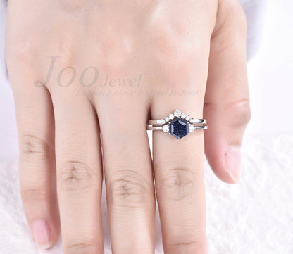 Galaxy Hexagon Blue Sandstone Engagement Ring Set For Women Planet Ring Star Blue Stone Art Deco White Gold Round Moissanite Wedding Rings