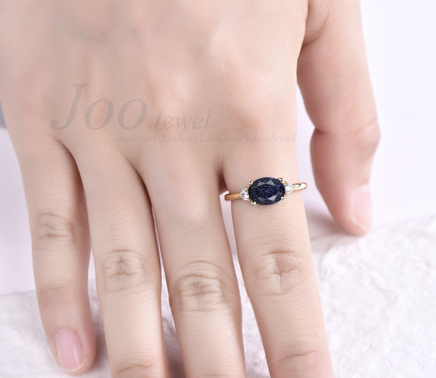 Oval blue sandstone engagement ring three stone vintage unique east to west engagement ring 14k gold silver moissanite wedding ring women