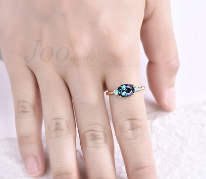 Oval Alexandrite engagement ring three stone vintage unique east to west engagement ring 14k gold silver moonstone wedding ring for women