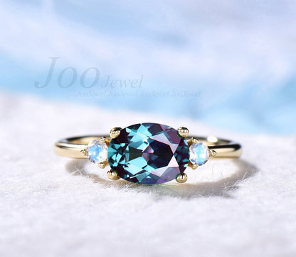 Oval Alexandrite engagement ring three stone vintage unique east to west engagement ring 14k gold silver moonstone wedding ring for women