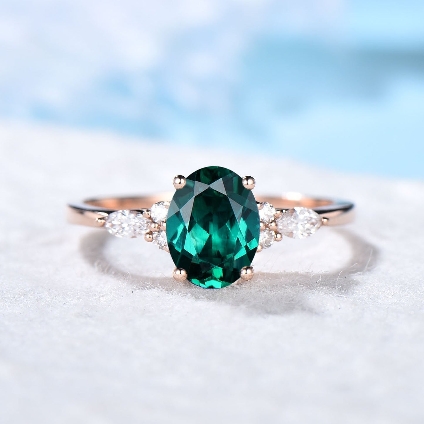Cluster Emerald Ring-Sterling Silver Ring-Green Gemstone Ring-Oval Emerald Engagement Ring May Birthstone Ring-Anniversary Gift Woman Wife