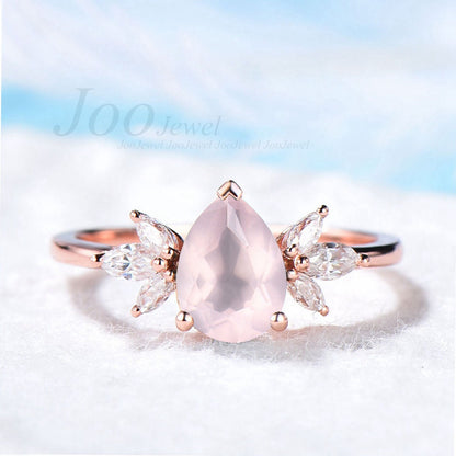 Natural Rose Quartz Ring 925 Sterling 1.25ct Pear Pink Stone Crystal Quartz Engagement Ring Rose Gold Marquise Cluster Bridal Proposal Ring