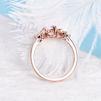 Natural Rose Quartz Ring 925 Sterling 1.25ct Pear Pink Stone Crystal Quartz Engagement Ring Rose Gold Marquise Cluster Bridal Proposal Ring