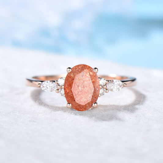 Sterling Silver Oval Cut Nature Sunstone Ring Genuine Sunstone Engagement Ring Orange Gemstone Jewelry Unique Birthday Gift for Daughter