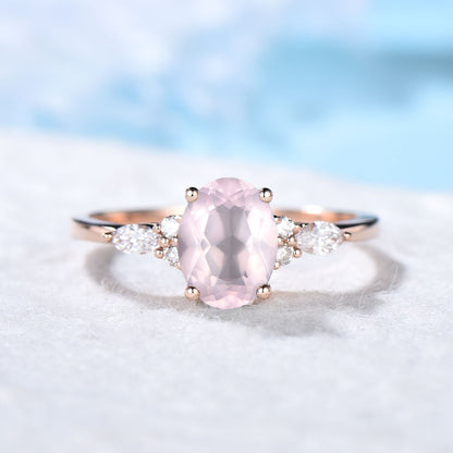 1.5ct Natural Rose Quartz Ring Oval Pink Gemstone Quartz Promise Crystal Healing Ring Rose Gold Cluster Engagement Ring Anniversary Jewelry