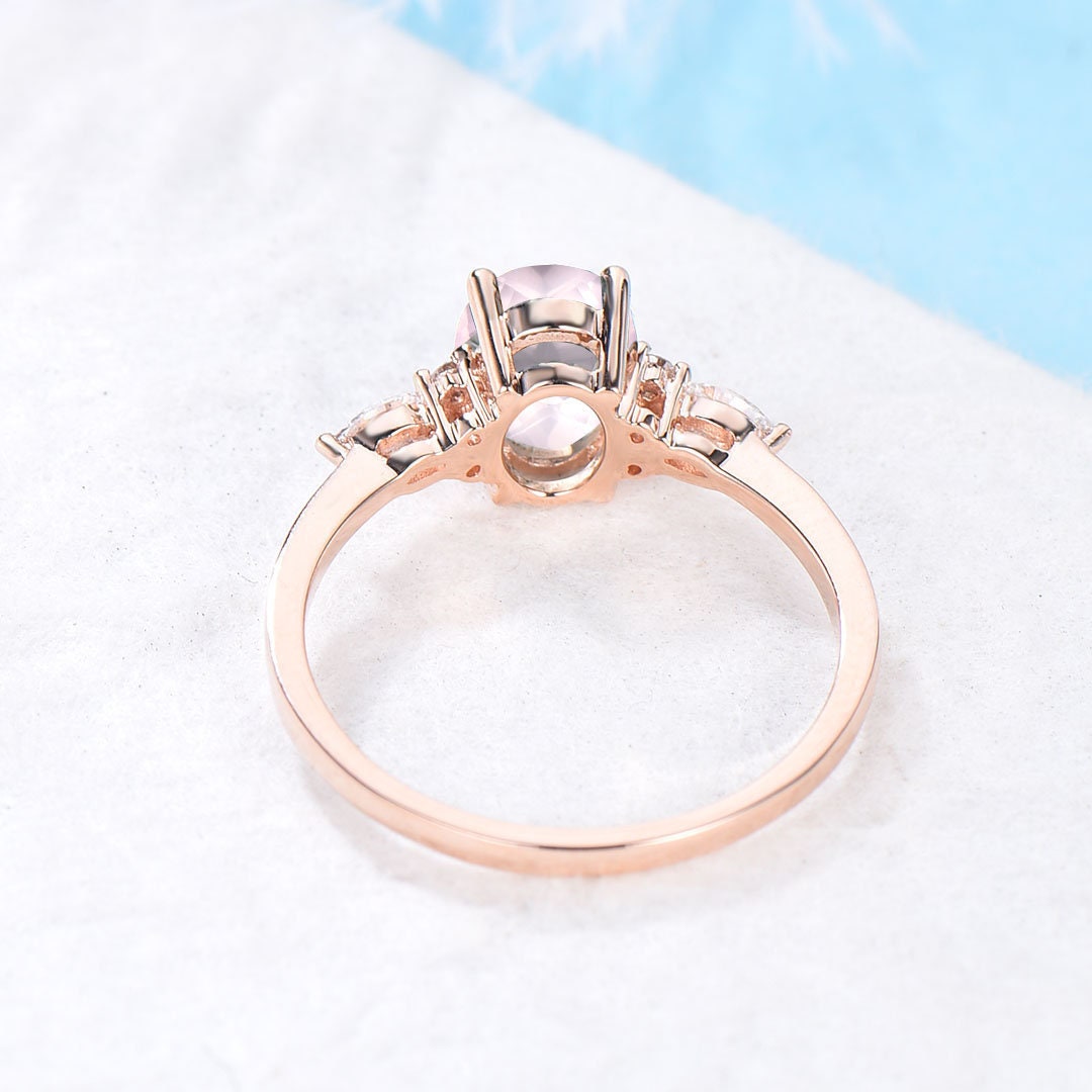 1.5ct Natural Rose Quartz Ring Oval Pink Gemstone Quartz Promise Crystal Healing Ring Rose Gold Cluster Engagement Ring Anniversary Jewelry