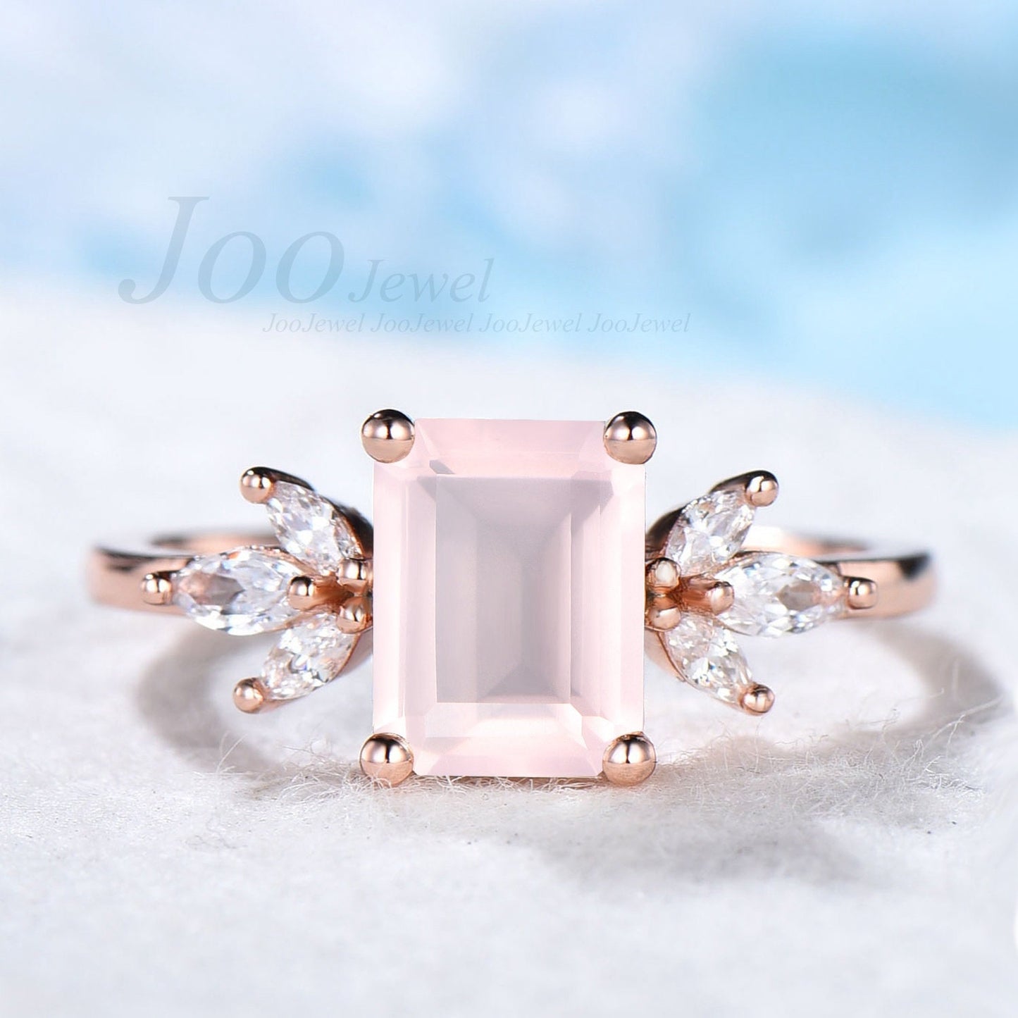Natural Rose Quartz Ring Emerald Cut Pink Stone Crystal Ring Rose Gold Quartz Engagement Ring Art Deco Sterling Silver Cluster Dainty Rings