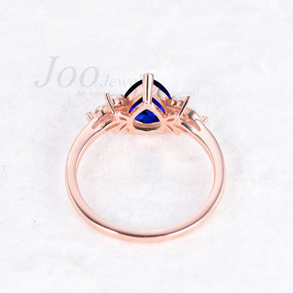 Pear Blue Sapphire Ring Vintage Unique Gift Marquise Cluster Engagement Ring Rose Gold Anniversary Ring September Birthstone Bridal Ring
