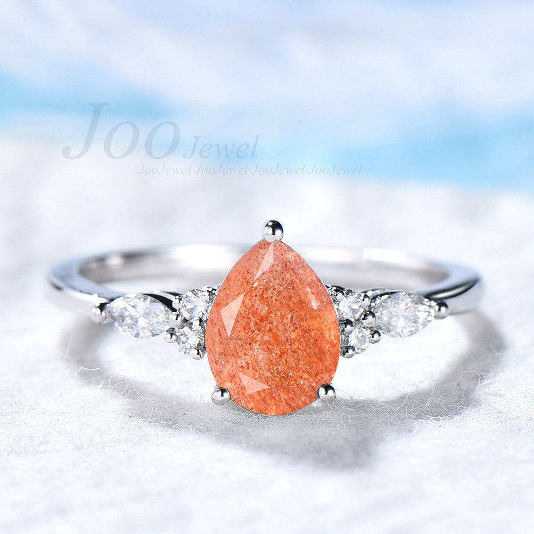 Nature Sunstone Ring Pear Sterling Silver Genuine Sunstone Engagement Ring Orange Stone Personalized Gift Vintage Dainty Ring for Girl Women