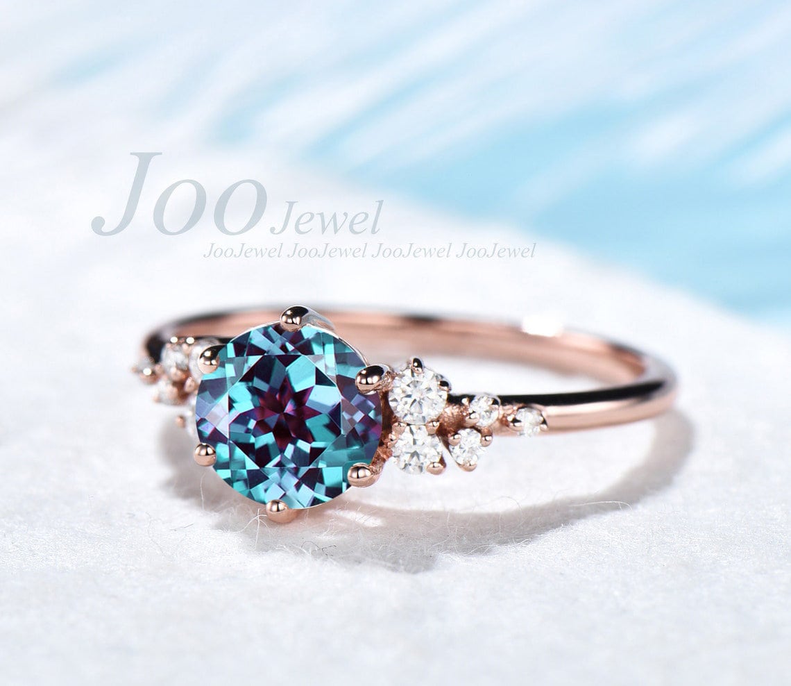 Sterling June Birthstone Ring Round Alexandrite Engagement Ring Rose Gold Wedding Ring Vintage Anniversary Ring Color Change Gemstone Ring