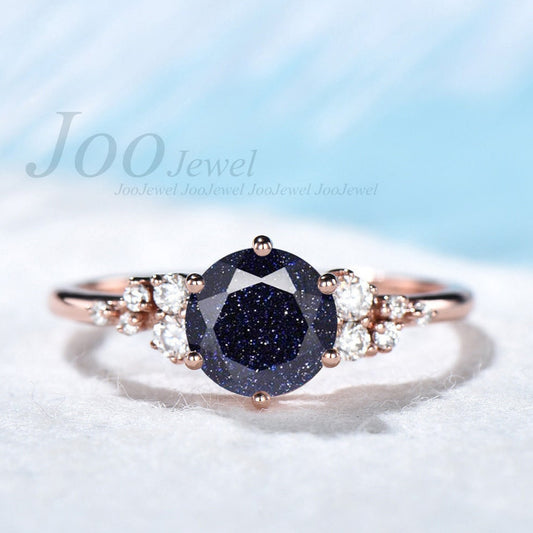 Rose Gold Galaxy Blue Sandstone Ring 1ct Round Cut Wedding Gemstone Jewelry Vintage Cluster Engagement Ring Personalized Gift for Her Women