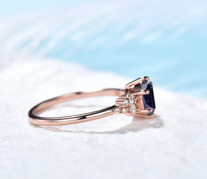 Rose Gold Galaxy Blue Sandstone Ring 1ct Round Cut Wedding Gemstone Jewelry Vintage Cluster Engagement Ring Personalized Gift for Her Women