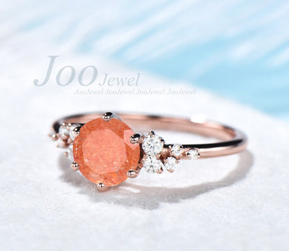 Natural Sunstone Ring Sterling Round Cut 1ct. Sunstone Engagement Bridal Ring Orange Gemstone Birthday Gift for Women Girls Lucky Stone Ring