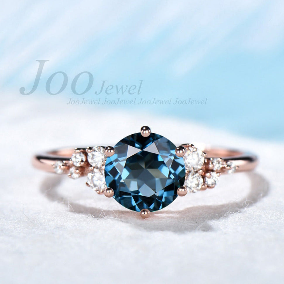 1ct Natural London Blue Topaz Ring Vintage Rose Gold Ring Round Gemstone Engagement Ring Crystal Healing Ring December Birthstone Gift Women