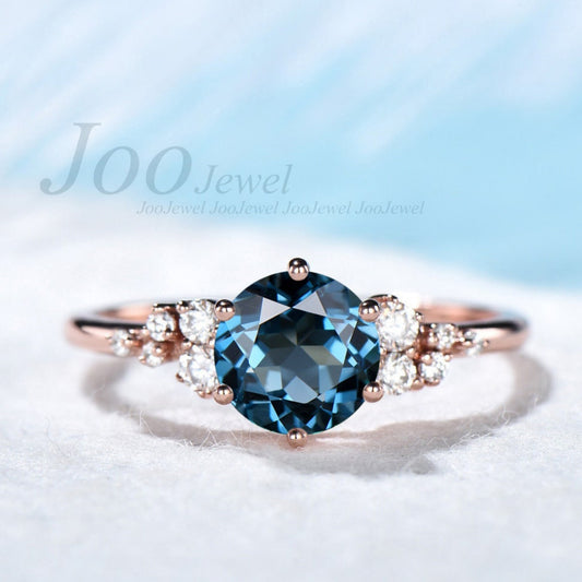 1ct Natural London Blue Topaz Ring Vintage Rose Gold Ring Round Gemstone Engagement Ring Crystal Healing Ring December Birthstone Gift Women