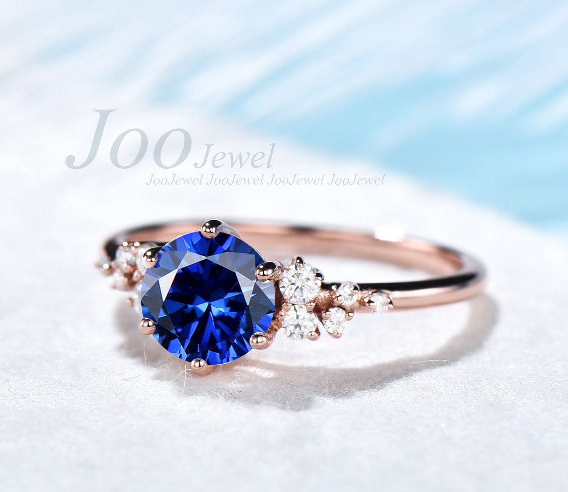 Silver September Birthstone Ring 1ct Blue Sapphire Engagement Ring Vintage Round Diamond Promise Ring Simple Ring With Stone Proposal Ring