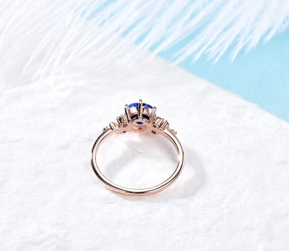 Silver September Birthstone Ring 1ct Blue Sapphire Engagement Ring Vintage Round Diamond Promise Ring Simple Ring With Stone Proposal Ring