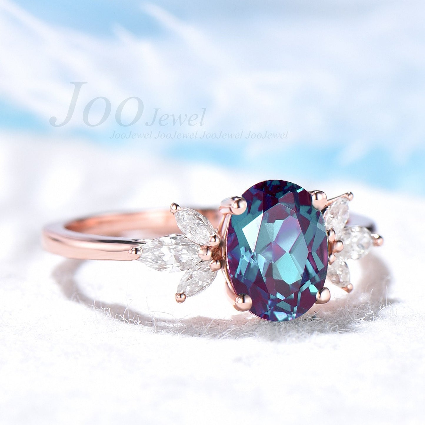 Alexandrite Engagement Ring Rose Gold Oval Ring June Birthstone Color Change Stone Wedding Anniversary Jewelry One of a Kind Ring for Women