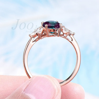 Alexandrite Engagement Ring Rose Gold Oval Ring June Birthstone Color Change Stone Wedding Anniversary Jewelry One of a Kind Ring for Women