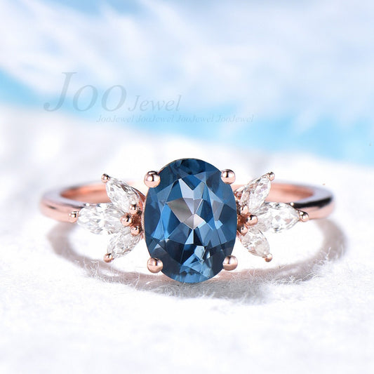 1.5CT Oval Nature London Blue Topaz Ring Rose Gold Alternative London Blue Engagement Ring December Birthstone Genuine Gemstone Ring Her