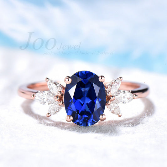 Cluster Engagement Ring Blue Sapphire Ring Vintage Oval Promise Ring Marquise Anniversary Wedding September Birthstone Ring Fine Jewelry
