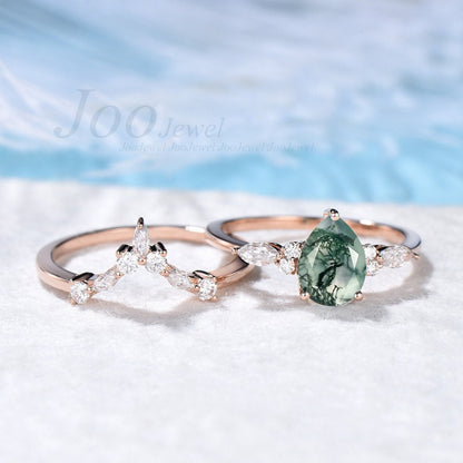 Pear Moss Agate Engagement Ring Set Sterling Silver Wedding Band Ring For Women Green Ring Vintage Unique Rose Gold Bridal Wedding Ring Set