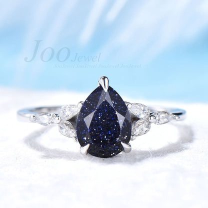 Blue Sandstone Ring 1.25ct Sterling Silver Ring Pear Cut Galaxy Ring Vintage Teardrop Blue Sandstone Engagement Rings Fine Jewelry for Women