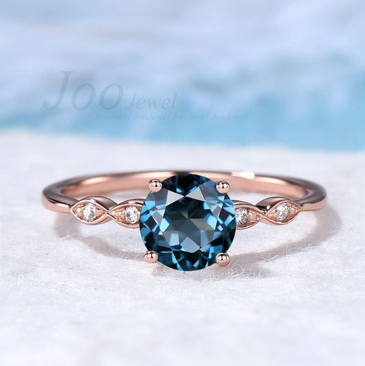 Sterling Silver December Birthstone Ring Nature London Blue Topaz Engagement Ring Vintage Blue Gemstone Milgrain Marquise Wedding Ring Women