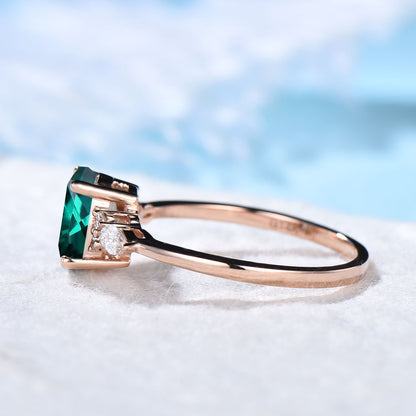 Cluster Emerald Ring-Sterling Silver Ring-Green Gemstone Ring-Oval Emerald Engagement Ring May Birthstone Ring-Anniversary Gift Woman Wife