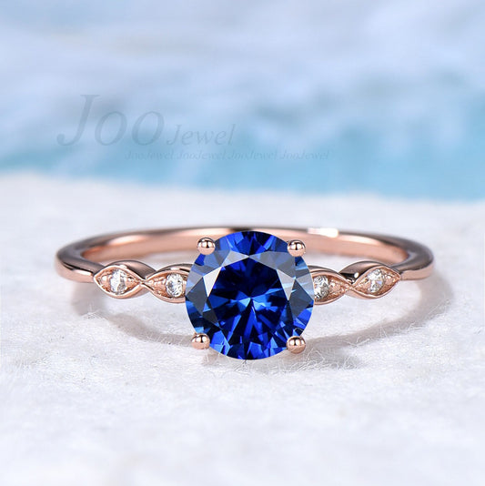 Sterling Silver Round Sapphire Ring Vintage Milgrain Ring Sapphire Engagement Ring Solitaire Ring Unique Antique Wedding Promise Ring Women