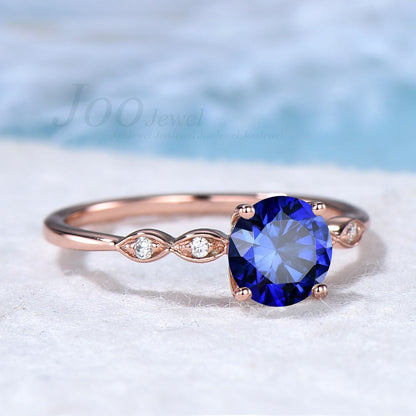 Sterling Silver Round Sapphire Ring Vintage Milgrain Ring Sapphire Engagement Ring Solitaire Ring Unique Antique Wedding Promise Ring Women