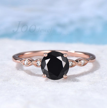 Sterling Silver Ring With Stone For Women 1CT Round Nature Black Onyx Ring Black Gemstone Solitaire Ring Black Ring Vintage Anniversary Ring