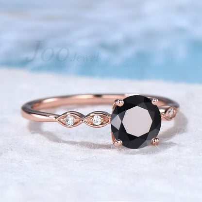 Sterling Silver Ring With Stone For Women 1CT Round Nature Black Onyx Ring Black Gemstone Solitaire Ring Black Ring Vintage Anniversary Ring