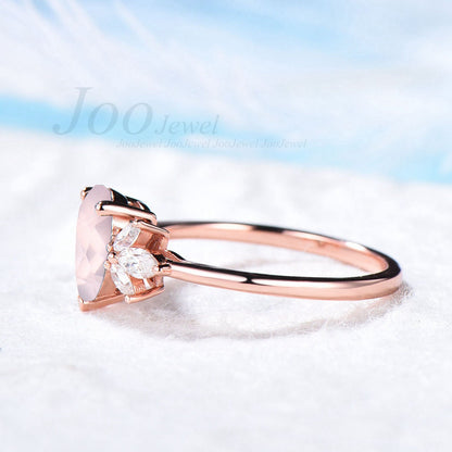 Natural Rose Quartz Ring 925 Sterling 1.25ct Pear Pink Stone Crystal Quartz Engagement Ring Rose Gold Marquise Cluster Bridal Proposal Ring