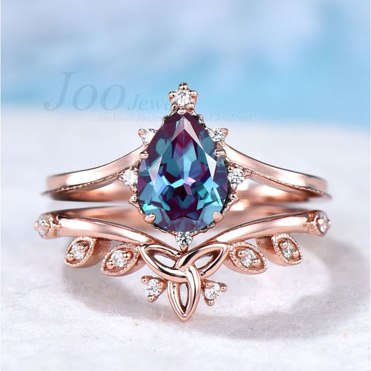 Alexandrite Ring Set Vintage Sterling Silver Pear Alexandrite Bridal Ring Set Curve Celtic Wedding Band Women Stackable June Birthstone Ring