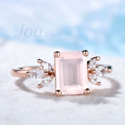 Natural Rose Quartz Ring Emerald Cut Pink Stone Crystal Ring Rose Gold Quartz Engagement Ring Art Deco Sterling Silver Cluster Dainty Rings