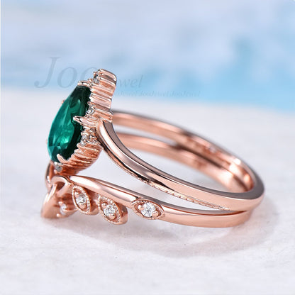 Emerald Ring Set Sterling Silver Antique Green Gemstone Ring Pear Engagement Ring Set Celtic Wedding Band May Birthstone Jewelry Bridal Ring