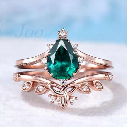 Emerald Ring Set Sterling Silver Antique Green Gemstone Ring Pear Engagement Ring Set Celtic Wedding Band May Birthstone Jewelry Bridal Ring