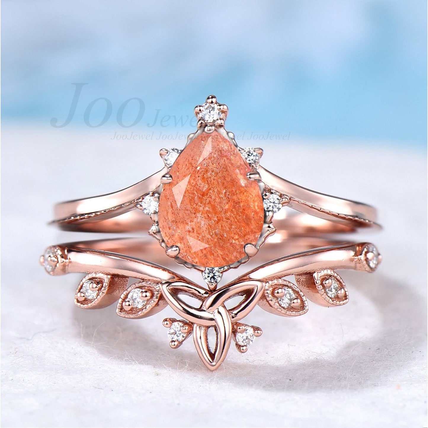 Natural Sunstone Engagement Ring Set Sterling Silver Curve Celtic Wedding Band Vintage Pear Cut Bridal Ring Set For Women Anniversary Gift