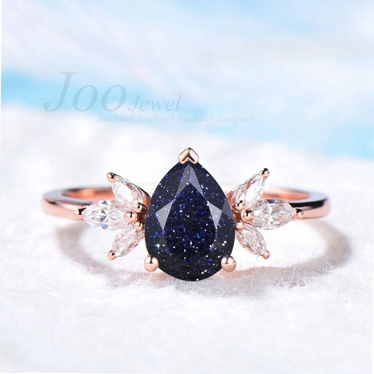 Pear Galaxy Blue Sandstone Ring Rose Gold Teardrop Blue Goldstone Engagement Ring Vintage Gemstone Jewelry Anniversary Proposal Ring 1.25ct