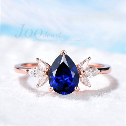 Pear Blue Sapphire Ring Vintage Unique Gift Marquise Cluster Engagement Ring Rose Gold Anniversary Ring September Birthstone Bridal Ring